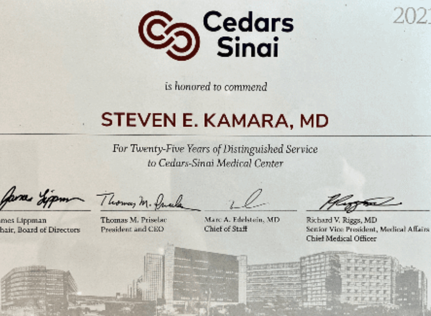 Cedars-Sinai commendation, 25 years of distinguished service